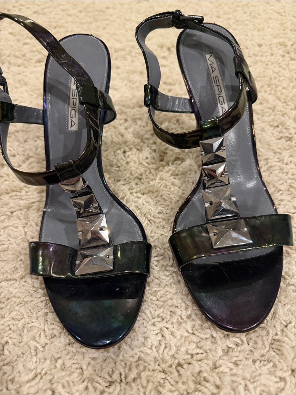 Via Spiga Iridescent Black T-Strap Heels with Silver Pyramid Studs